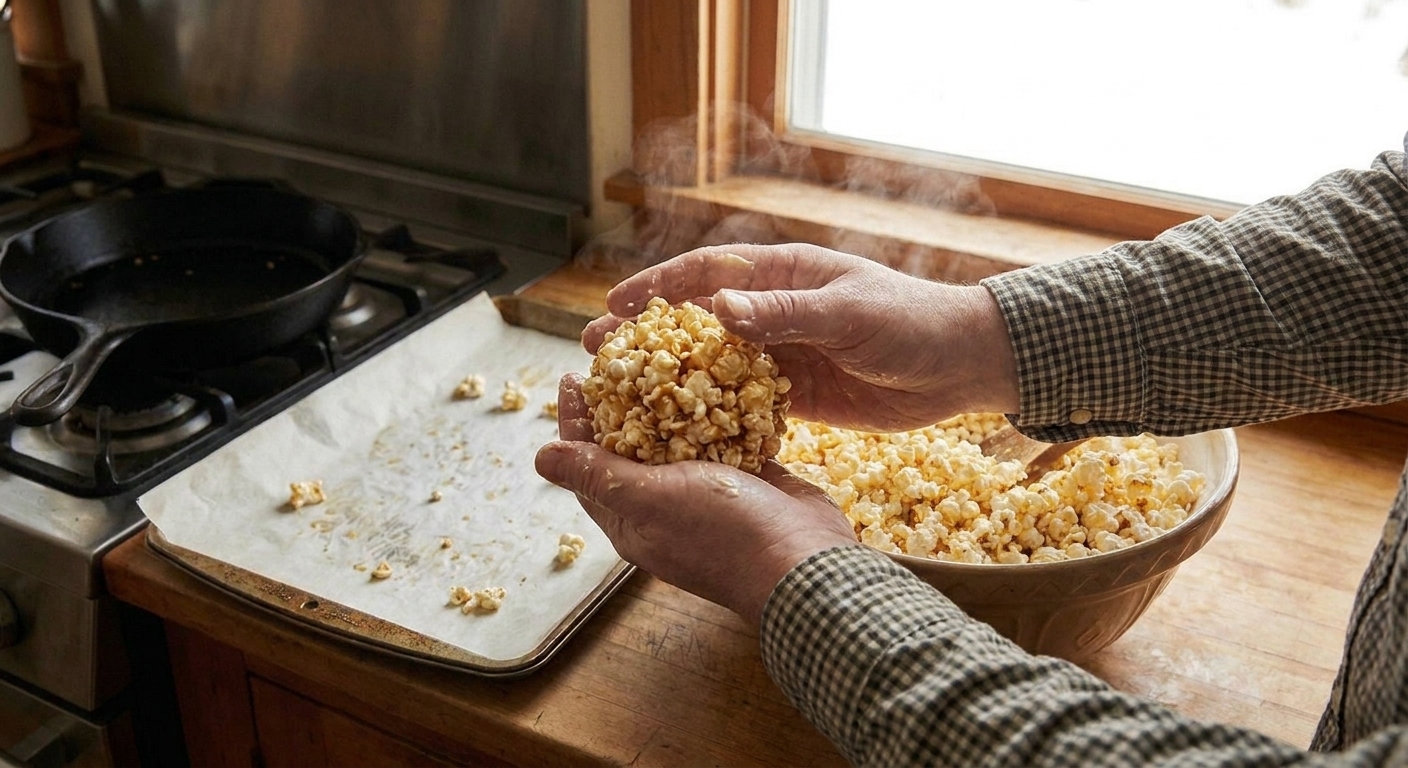 Buttered hands shaping a warm popcorn mixture into a round popcorn ball over a parchment-lined sheet pan