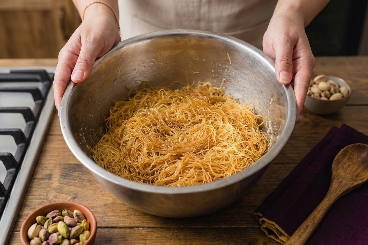 Buttered kataifi strands tossed until glossy and evenly coated in a large mixing bowl on a kitchen counter