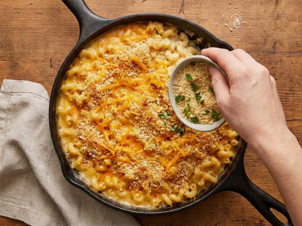 Buttered panko breadcrumb topping being sprinkled over a baking dish filled with creamy mac and cheese