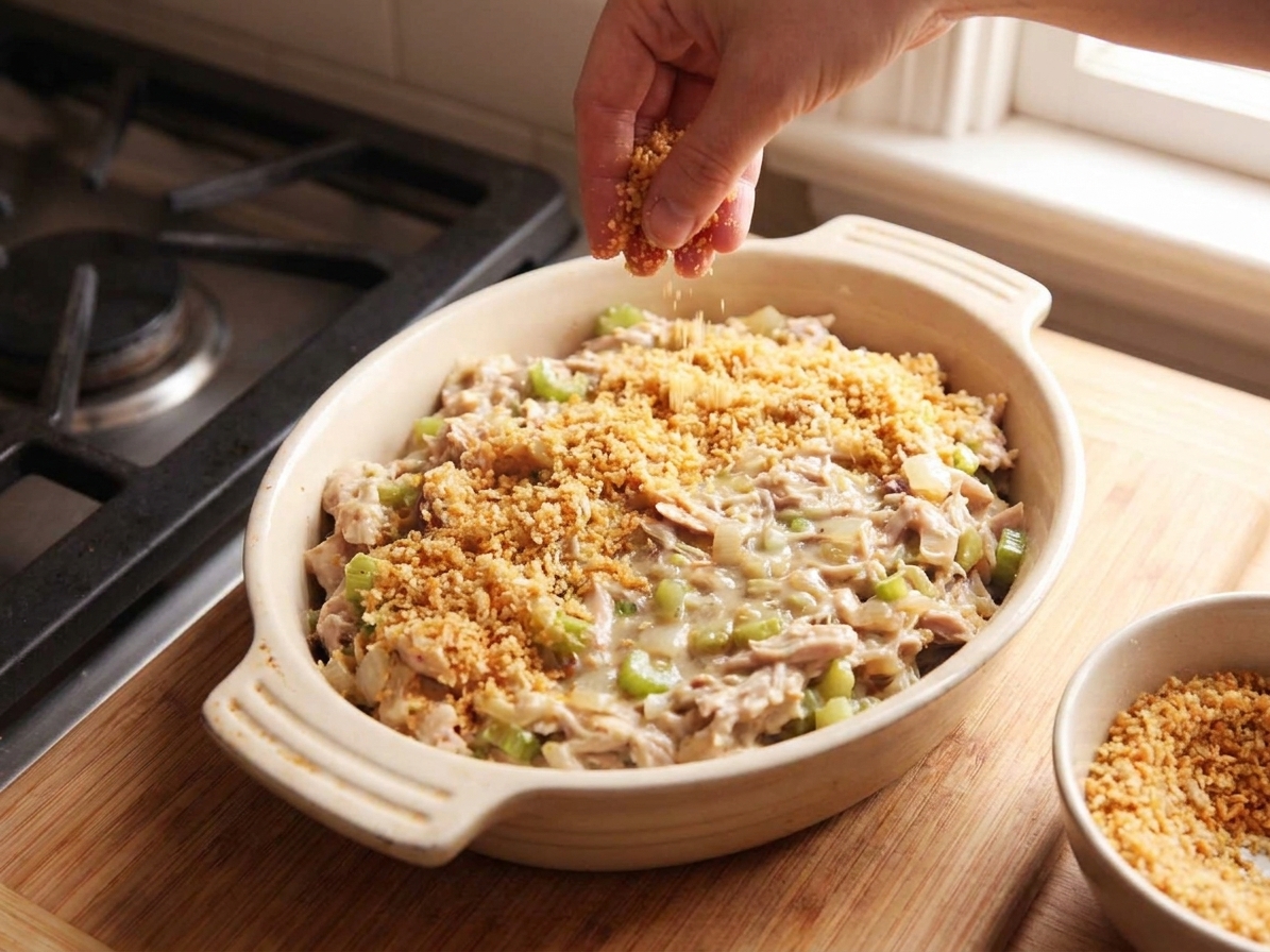 Buttered panko breadcrumbs being sprinkled over an unbaked turkey casserole in a ceramic baking dish