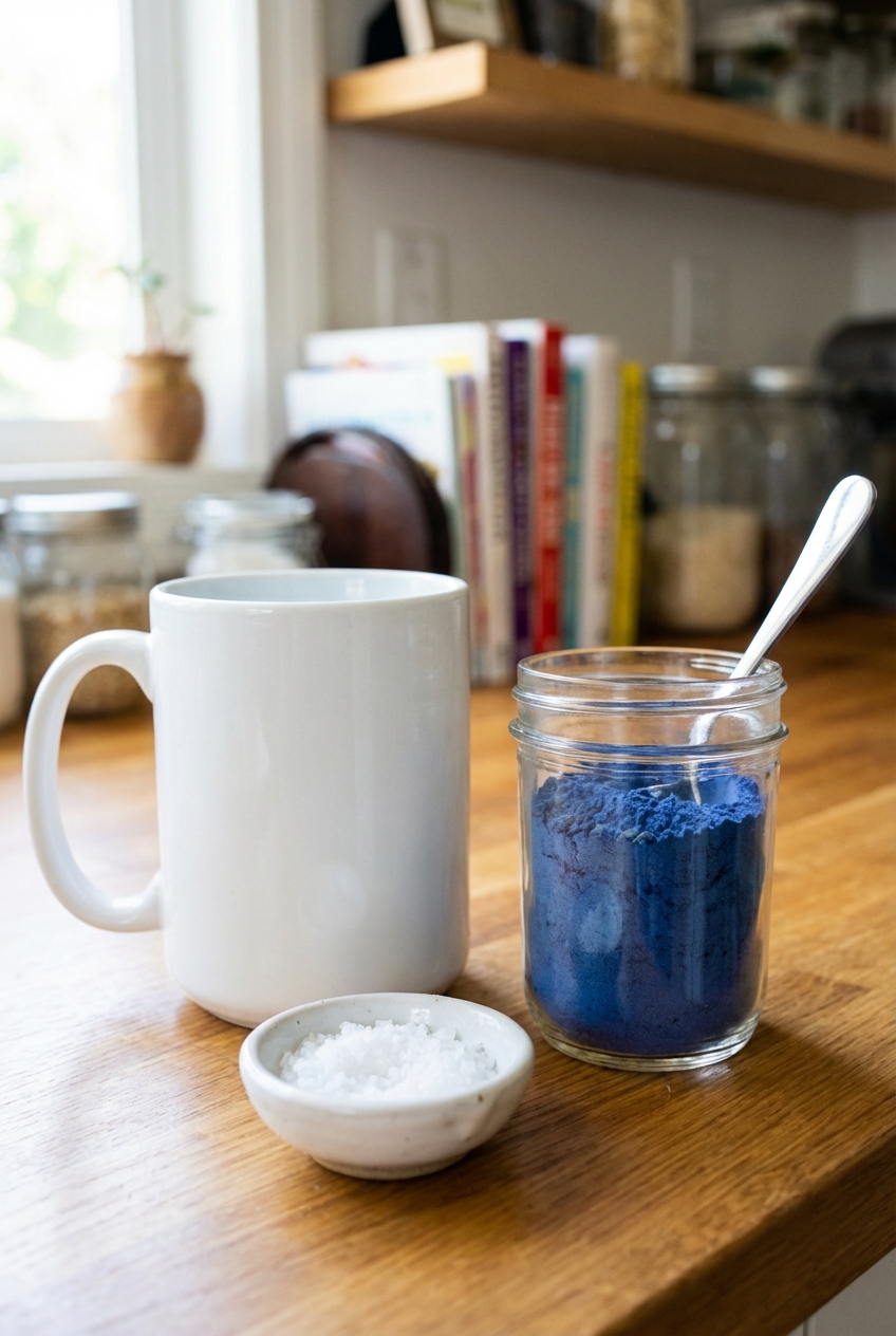 Butterfly pea powder and a small pinch bowl of salt next to a mug