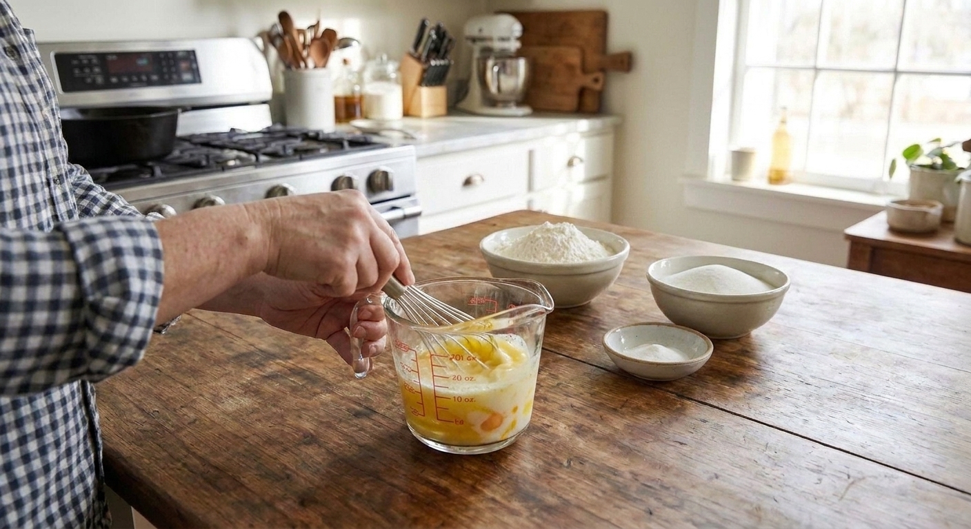 Buttermilk, eggs, and melted butter being whisked together in a glass measuring cup on a kitchen counter