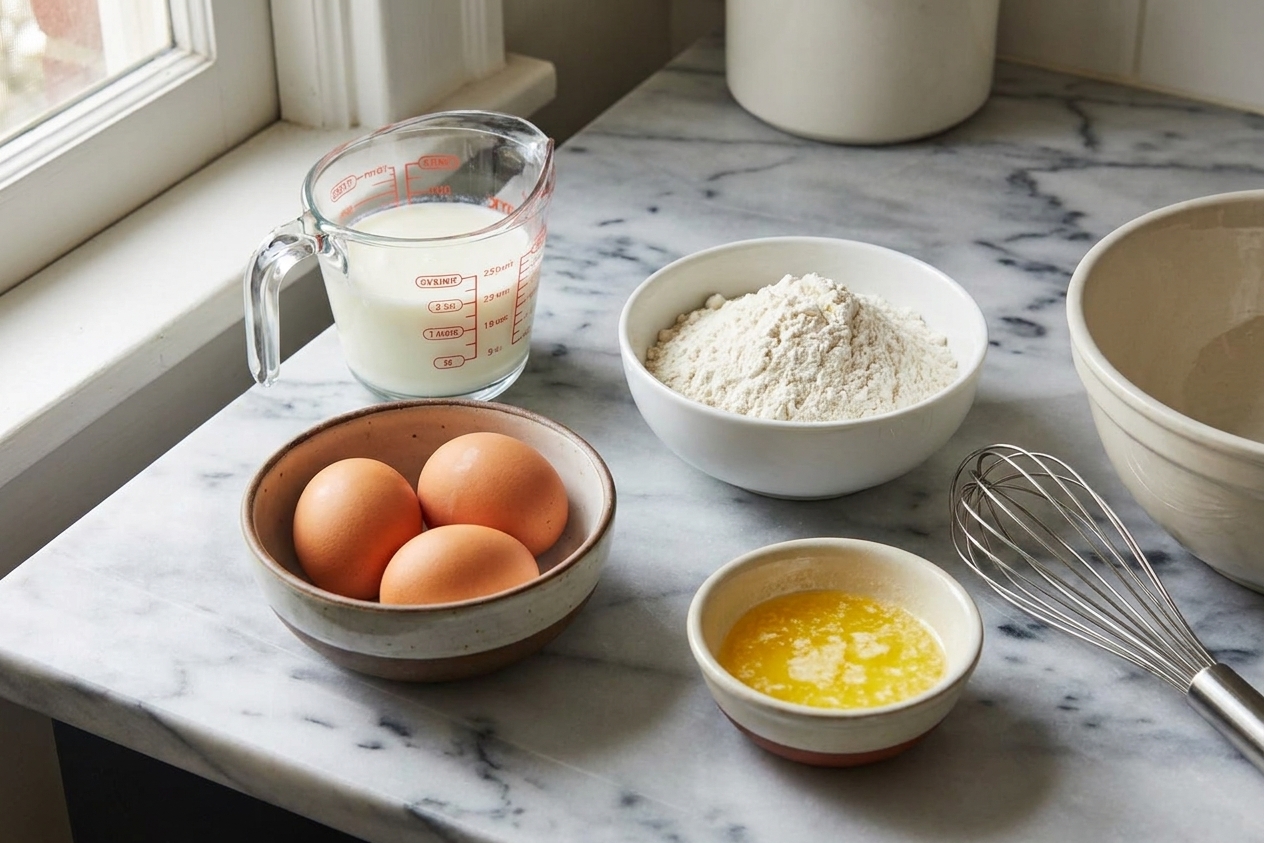 Buttermilk, eggs, flour, and melted butter arranged on a kitchen counter ready for pancake batter prep