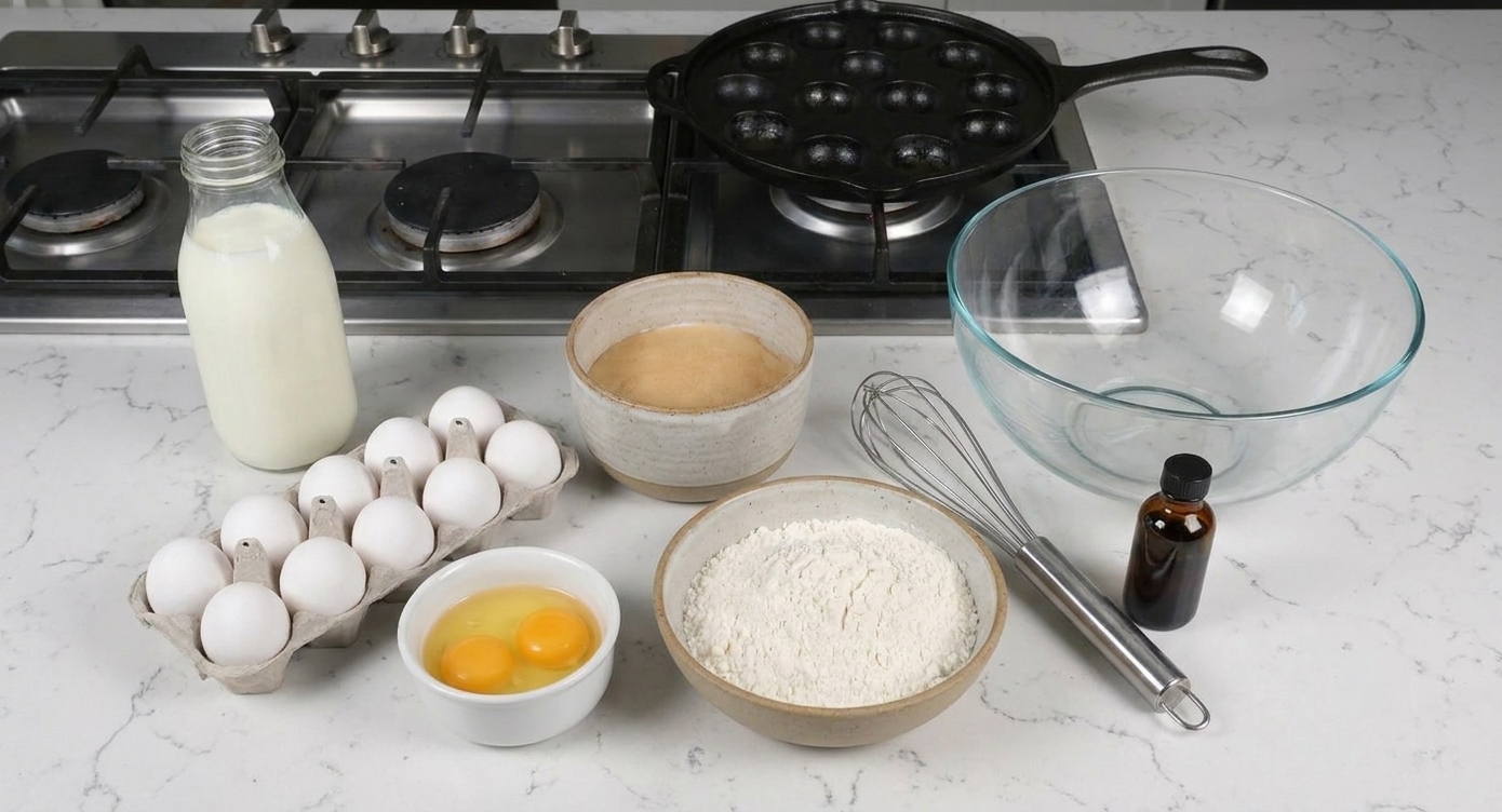 Buttermilk, eggs, flour, and vanilla on a kitchen counter ready to make aebleskiver batter