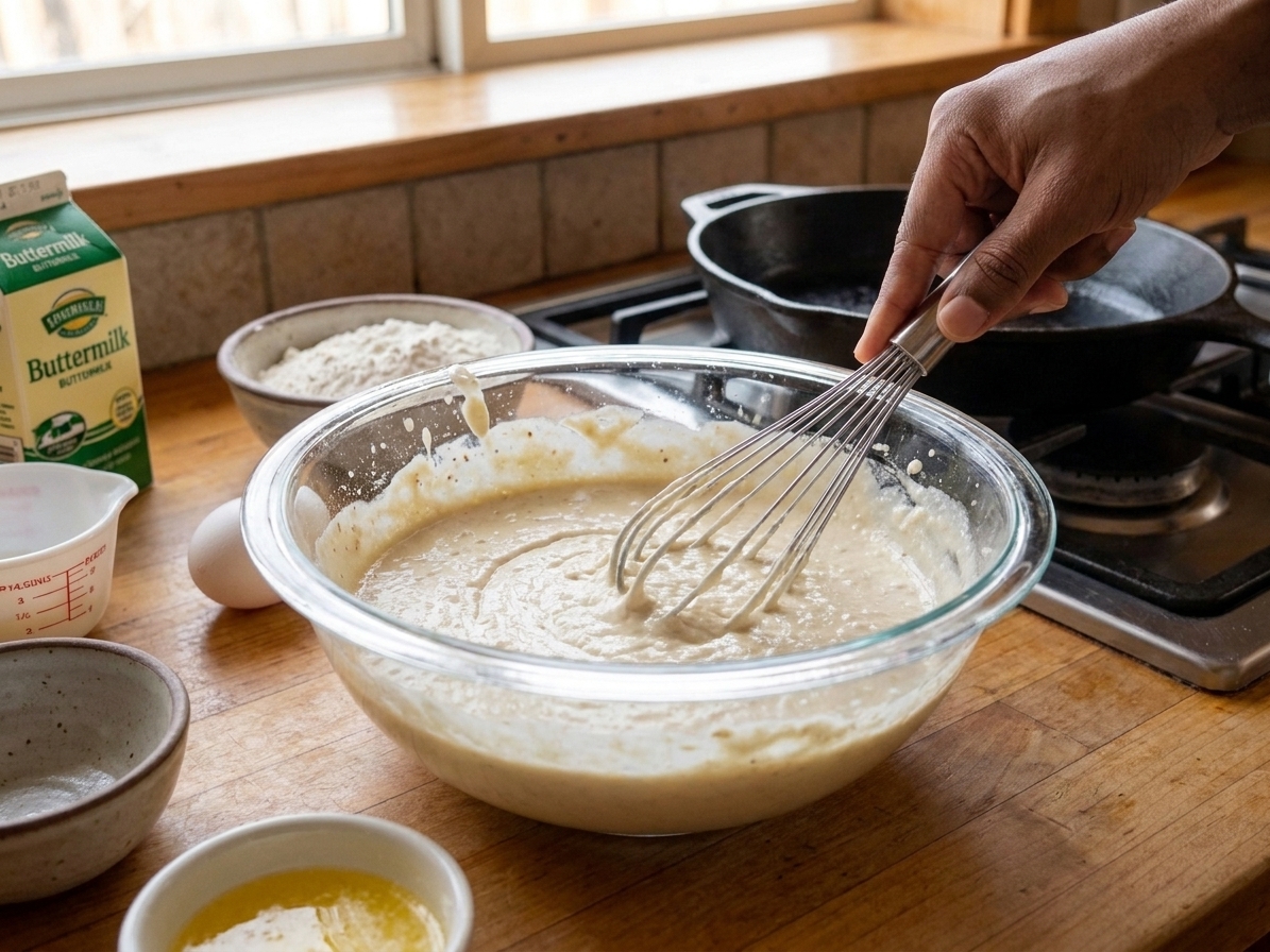 Buttermilk pancake batter being whisked in a large glass bowl on a kitchen counter with measured ingredients nearby