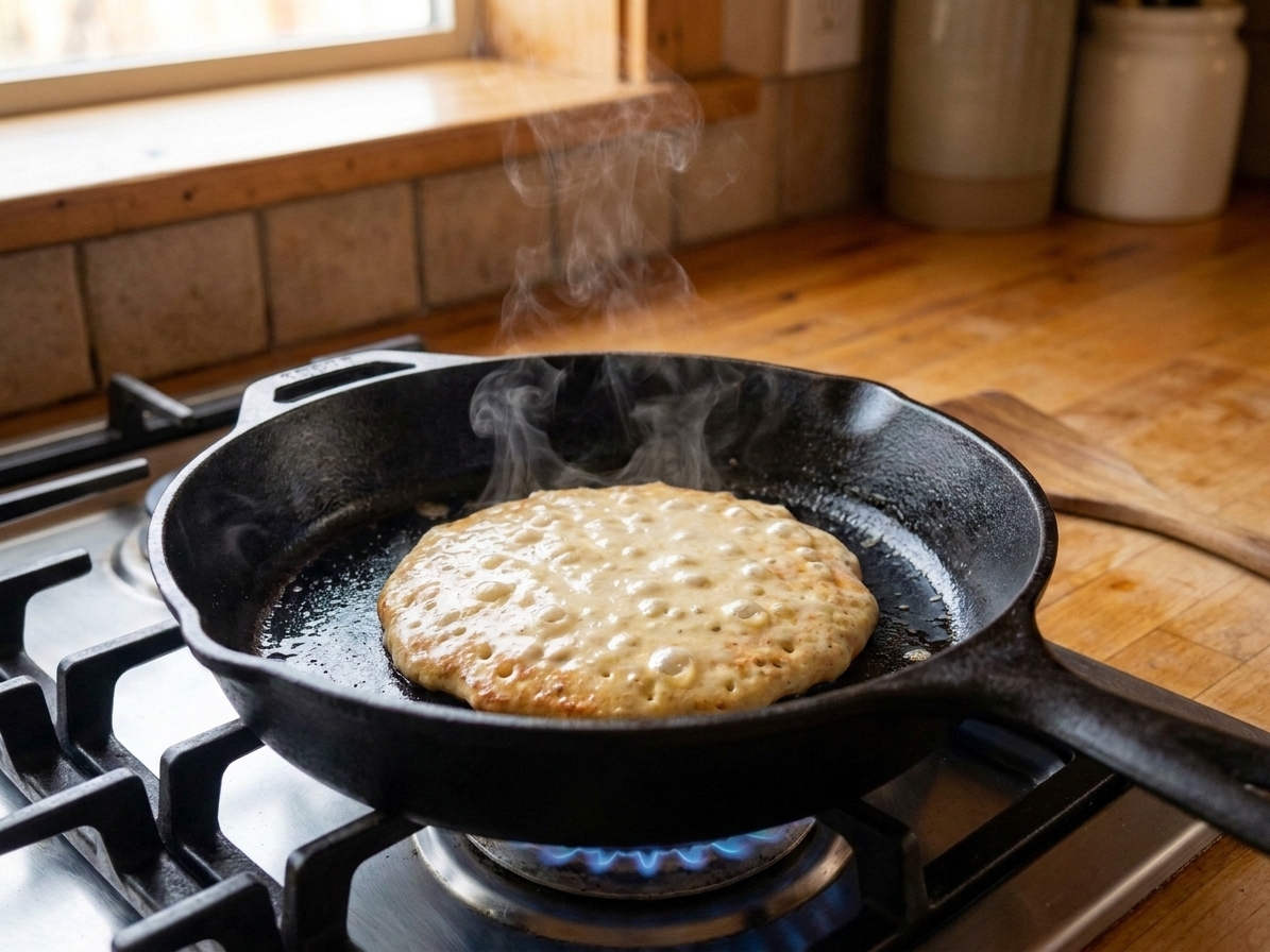 Buttermilk pancake batter cooking in a cast iron skillet on a stovetop with bubbles forming on the surface
