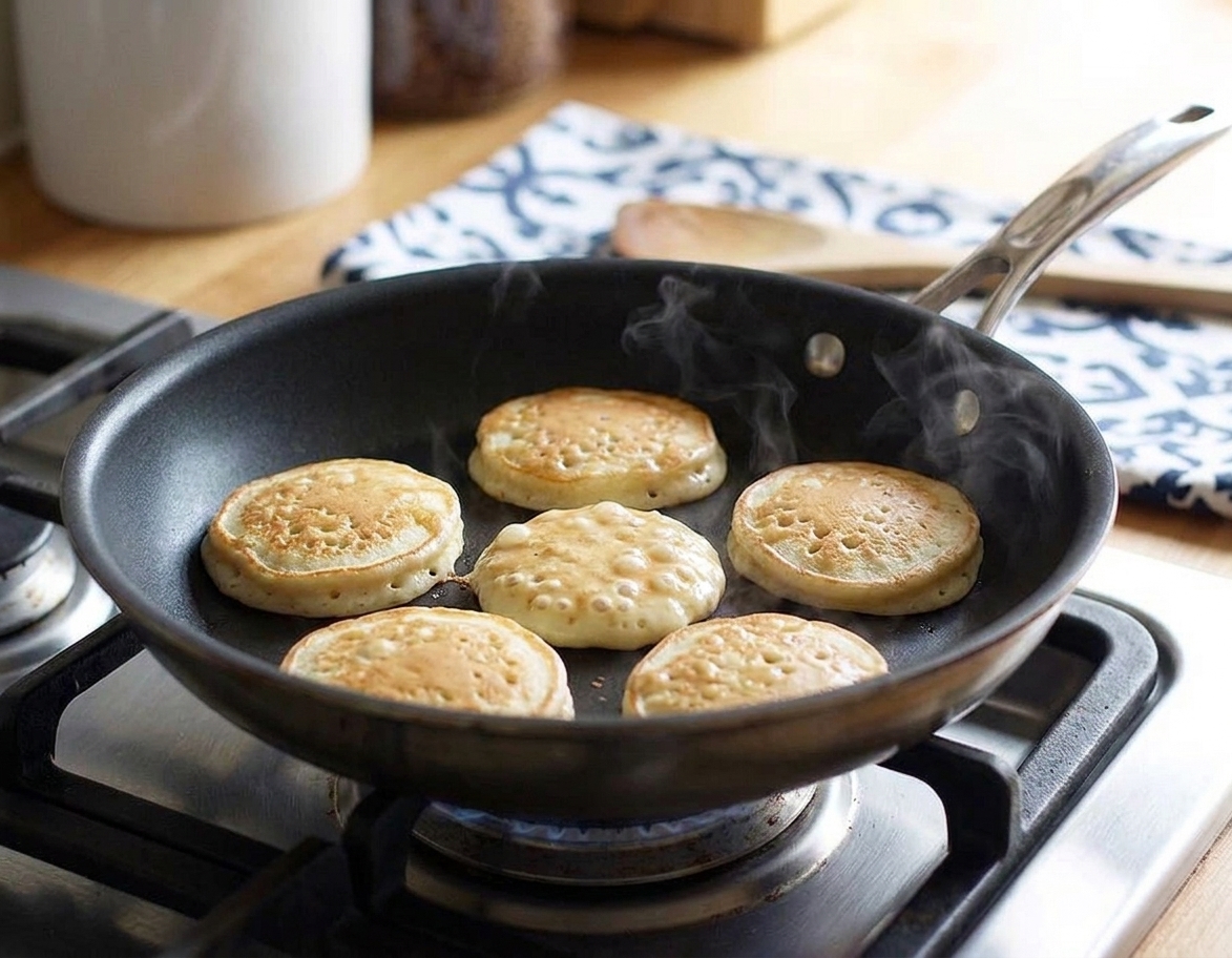 Buttermilk pancakes cooking in a skillet with bubbles forming on the surface and edges beginning to set