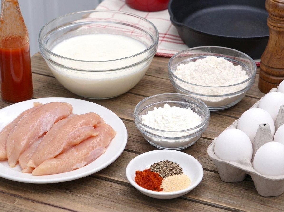 Buttermilk, raw chicken tenders, flour, cornstarch, spices, eggs, and hot sauce arranged on a bright kitchen counter