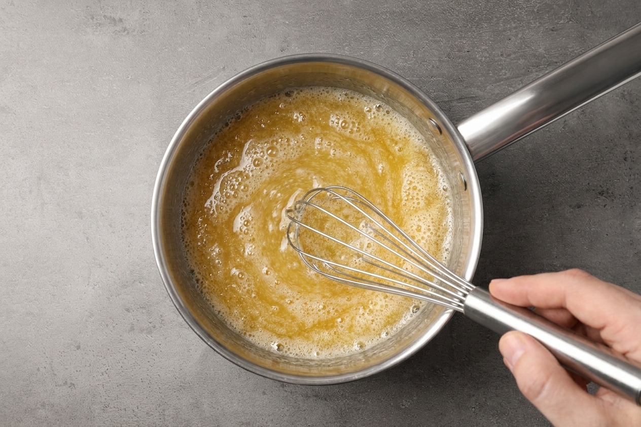 Buttermilk syrup mixture gently simmering in a saucepan with small bubbles while a whisk stirs