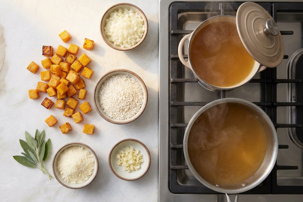 Butternut squash cubes, arborio rice, onion, garlic, sage, Parmesan, and a small pot of warm broth arranged on a clean kitchen counter in warm daylight