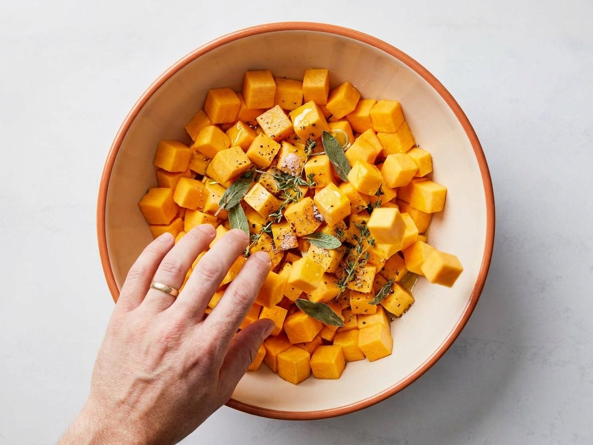 Butternut squash cubes being tossed with olive oil and seasonings in a large mixing bowl on a kitchen counter