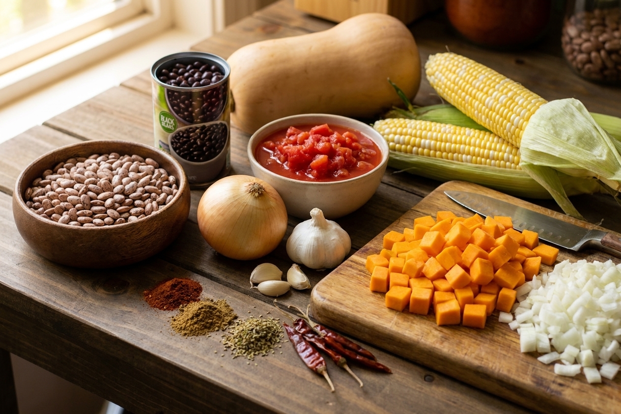 Butternut squash, dried or canned beans, corn, onion, garlic, tomatoes, and spices arranged on a clean kitchen counter with warm natural light