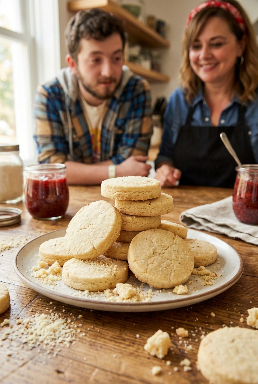 Buttery almond flour shortbread cookies stacked on a plate with crumbs scattered