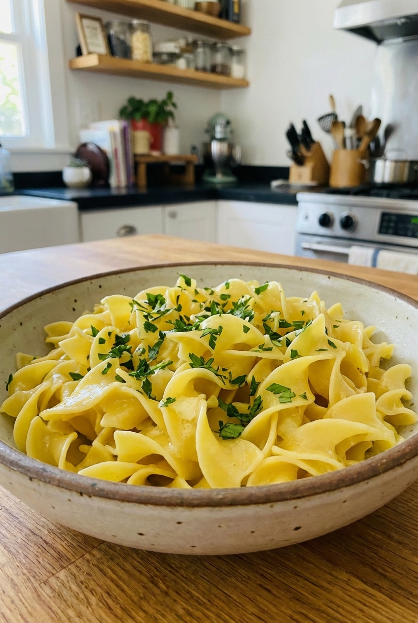 Buttery egg noodles in a bowl with chopped parsley