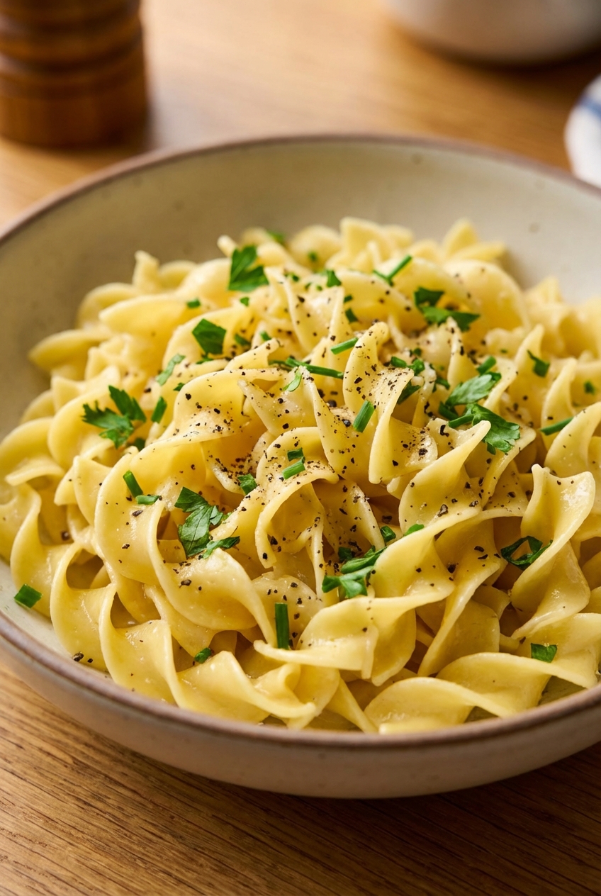 Buttery egg noodles in a shallow bowl with black pepper and chopped herbs