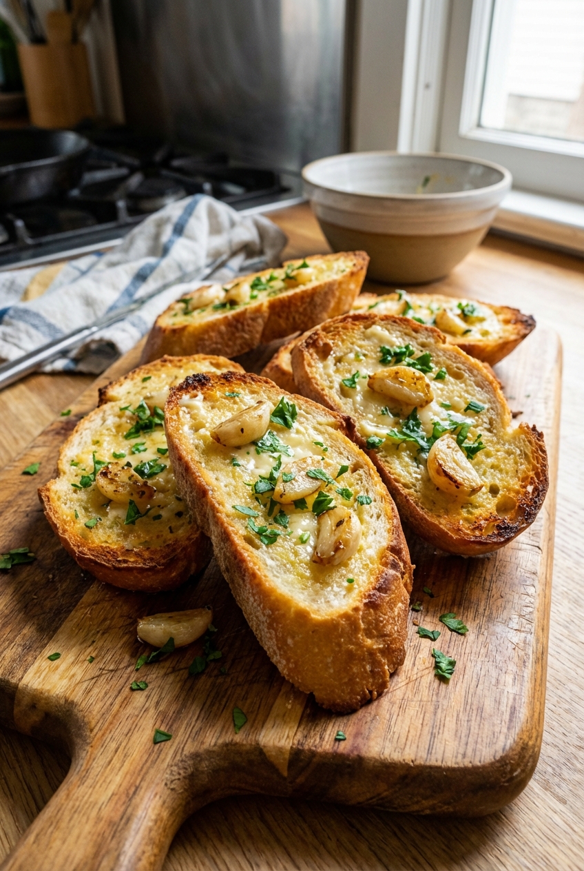 Buttery garlic bread sliced on a cutting board