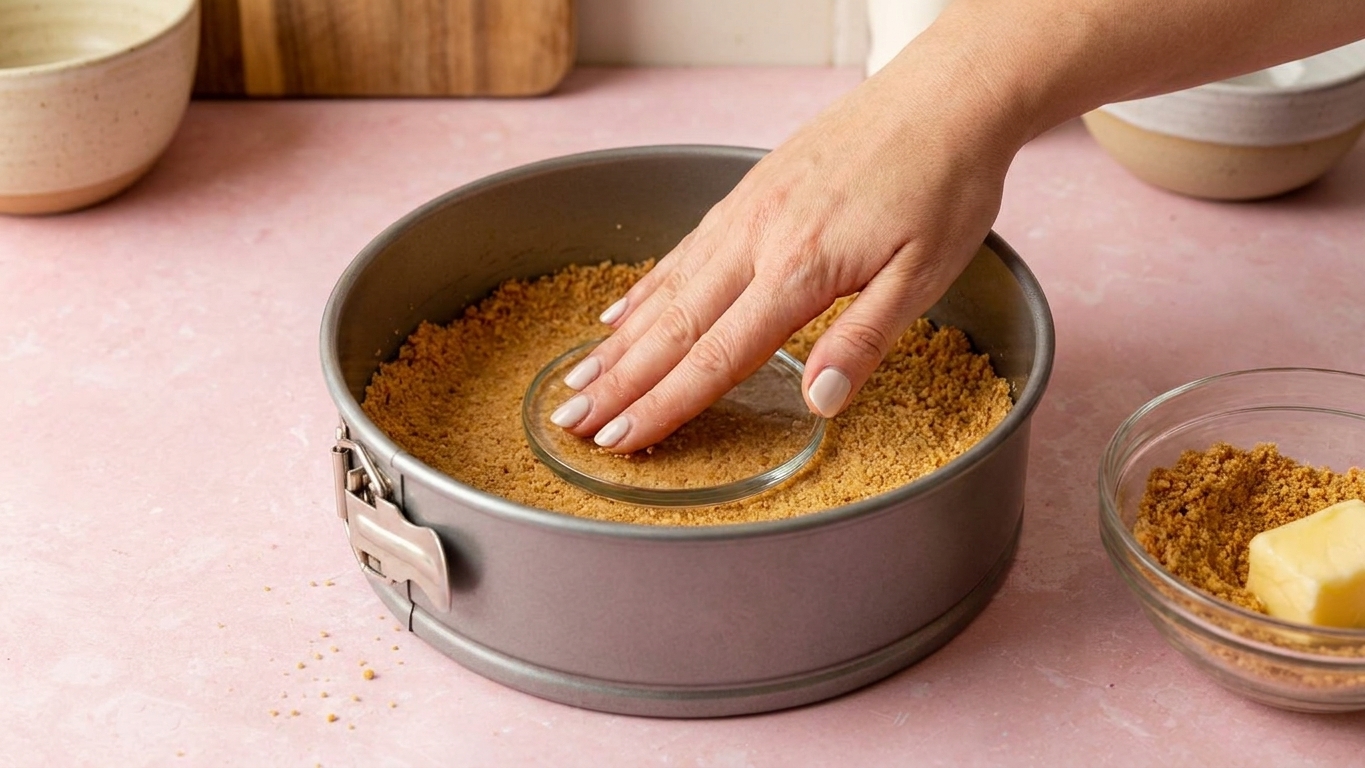 Buttery graham cracker crumbs being pressed into the bottom of a springform pan on a kitchen counter