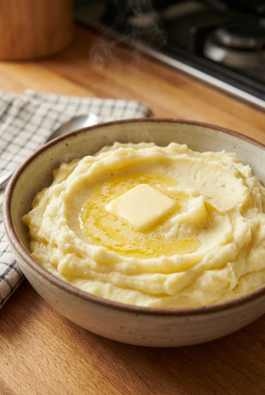 Buttery mashed potatoes in a bowl with a pat of melting butter