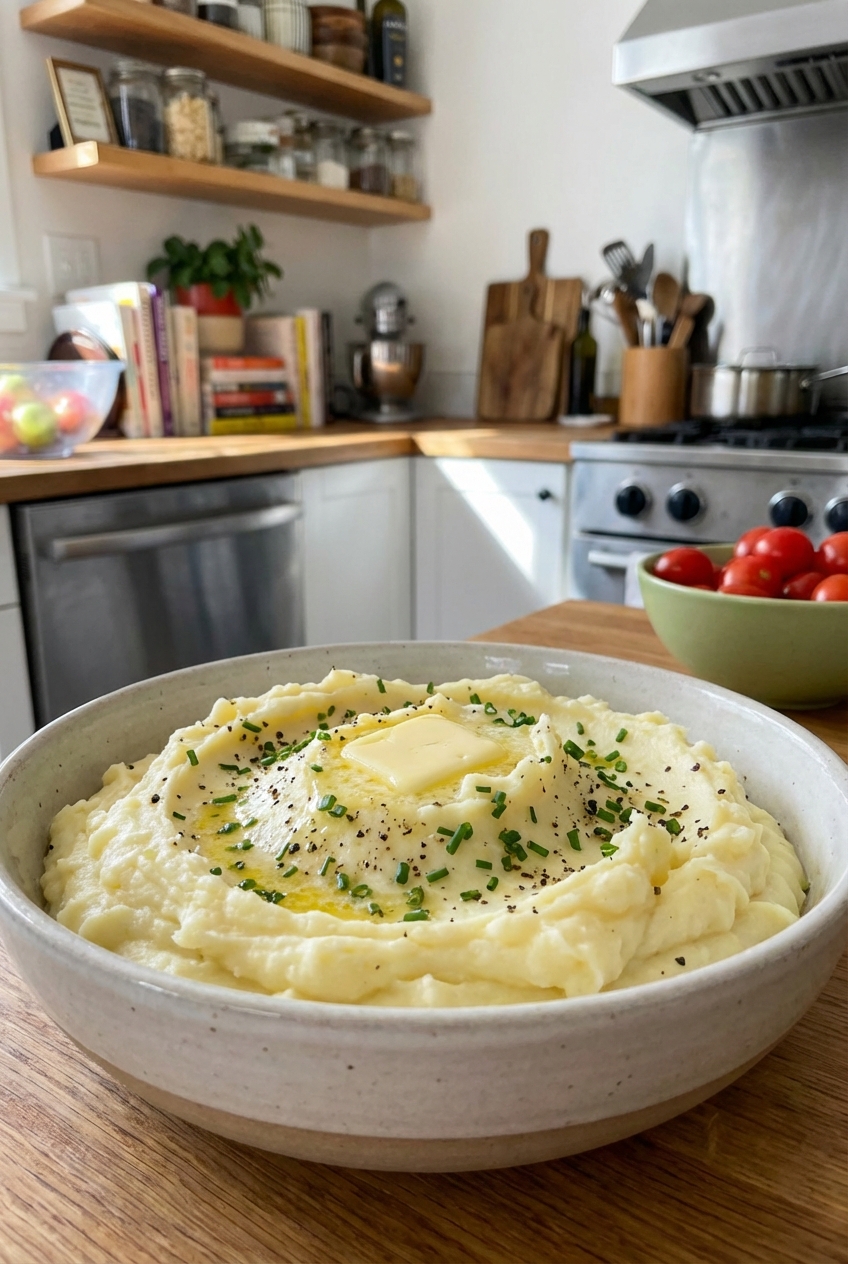 Buttery mashed potatoes in a serving bowl
