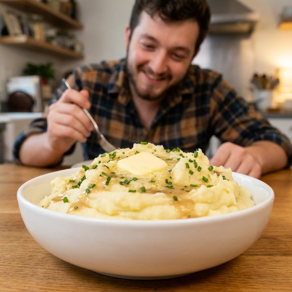 Buttery mashed potatoes in a white bowl