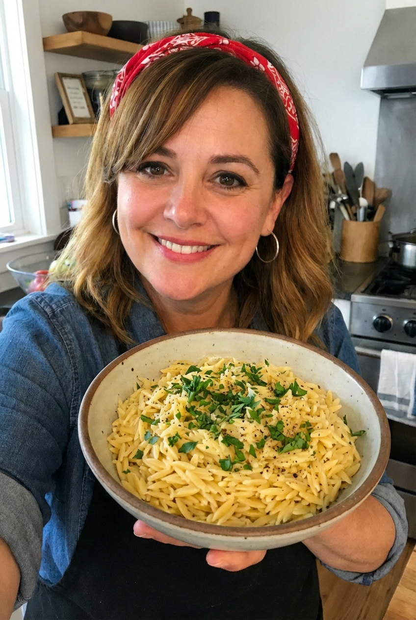 Buttery orzo pasta in a bowl with parsley