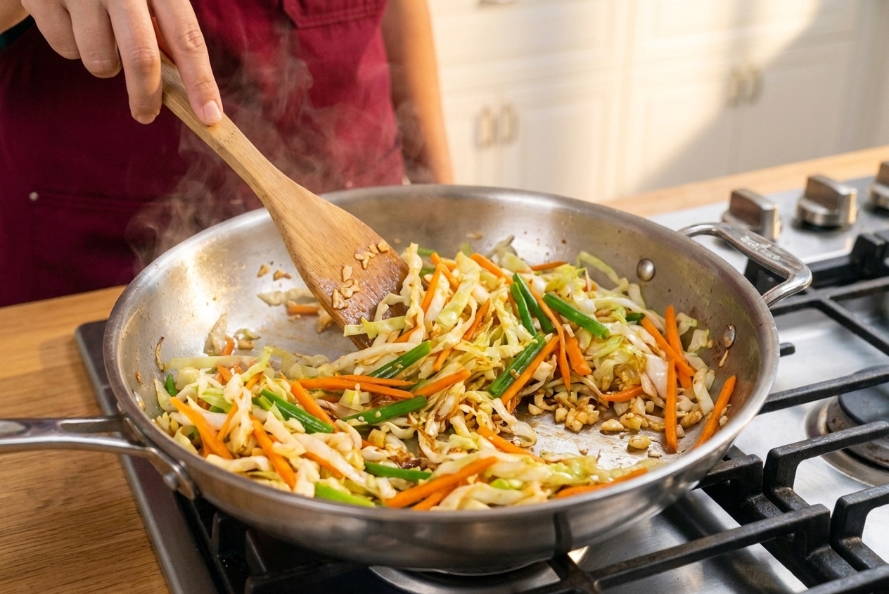Cabbage and carrots sautéing in a large skillet with scallions and garlic on a stovetop
