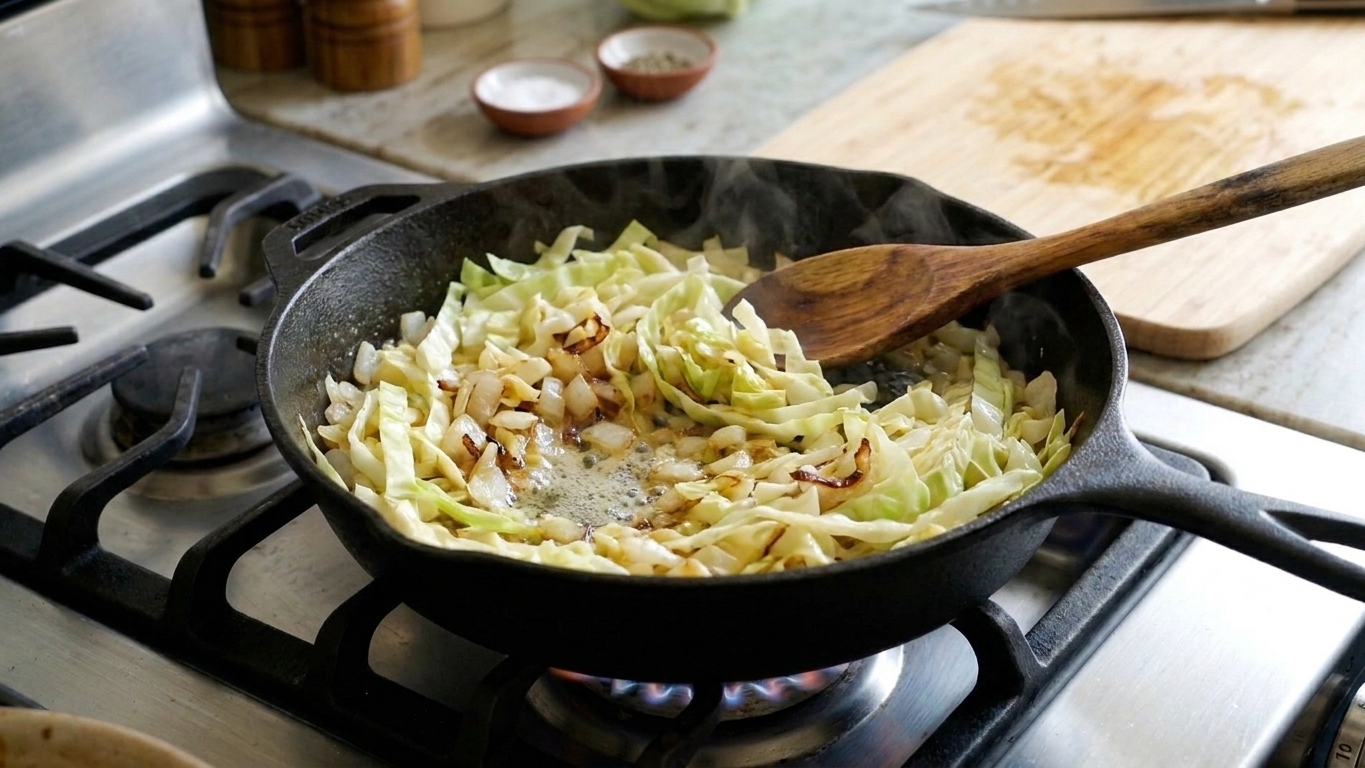 Cabbage and onions sautéing in butter in a large skillet on a stovetop with a wooden spoon resting nearby