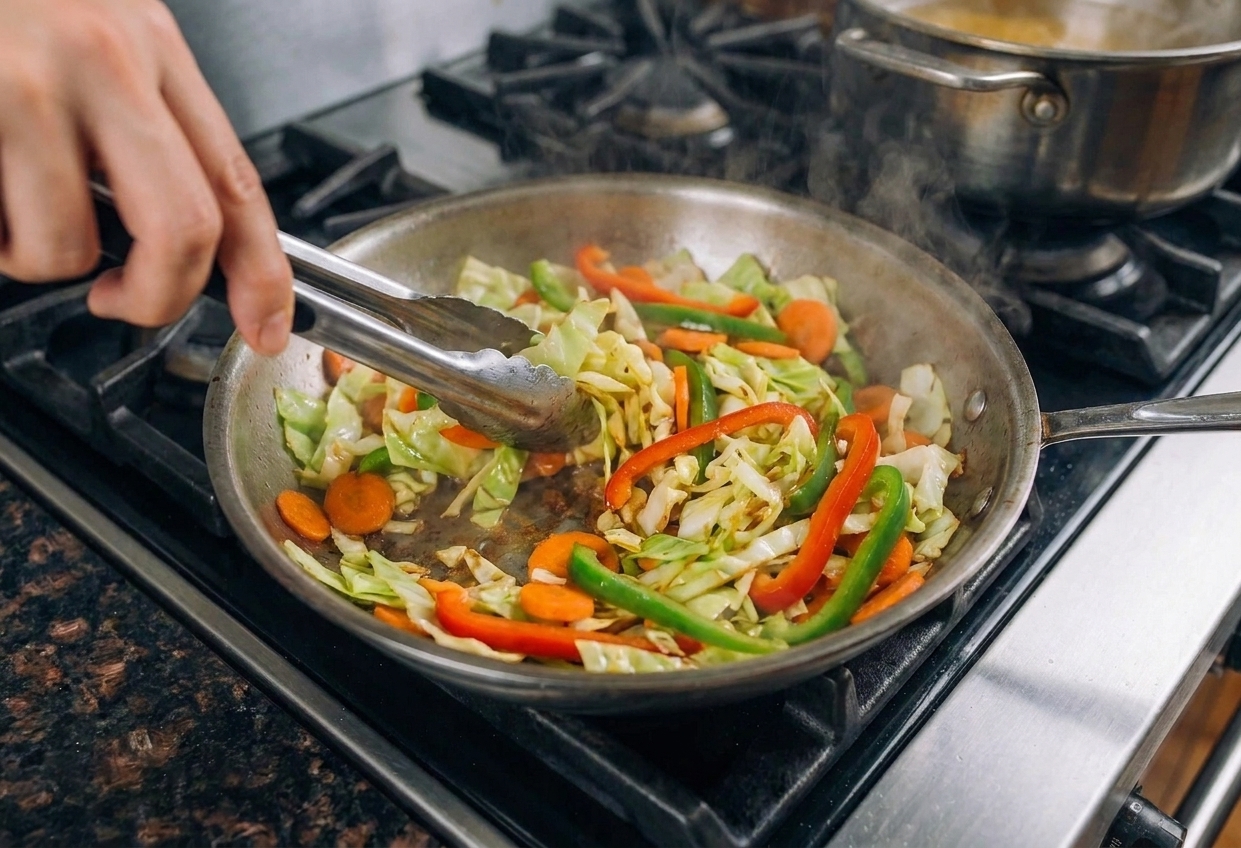 Cabbage, carrots, and bell peppers sizzling in a skillet on the stove