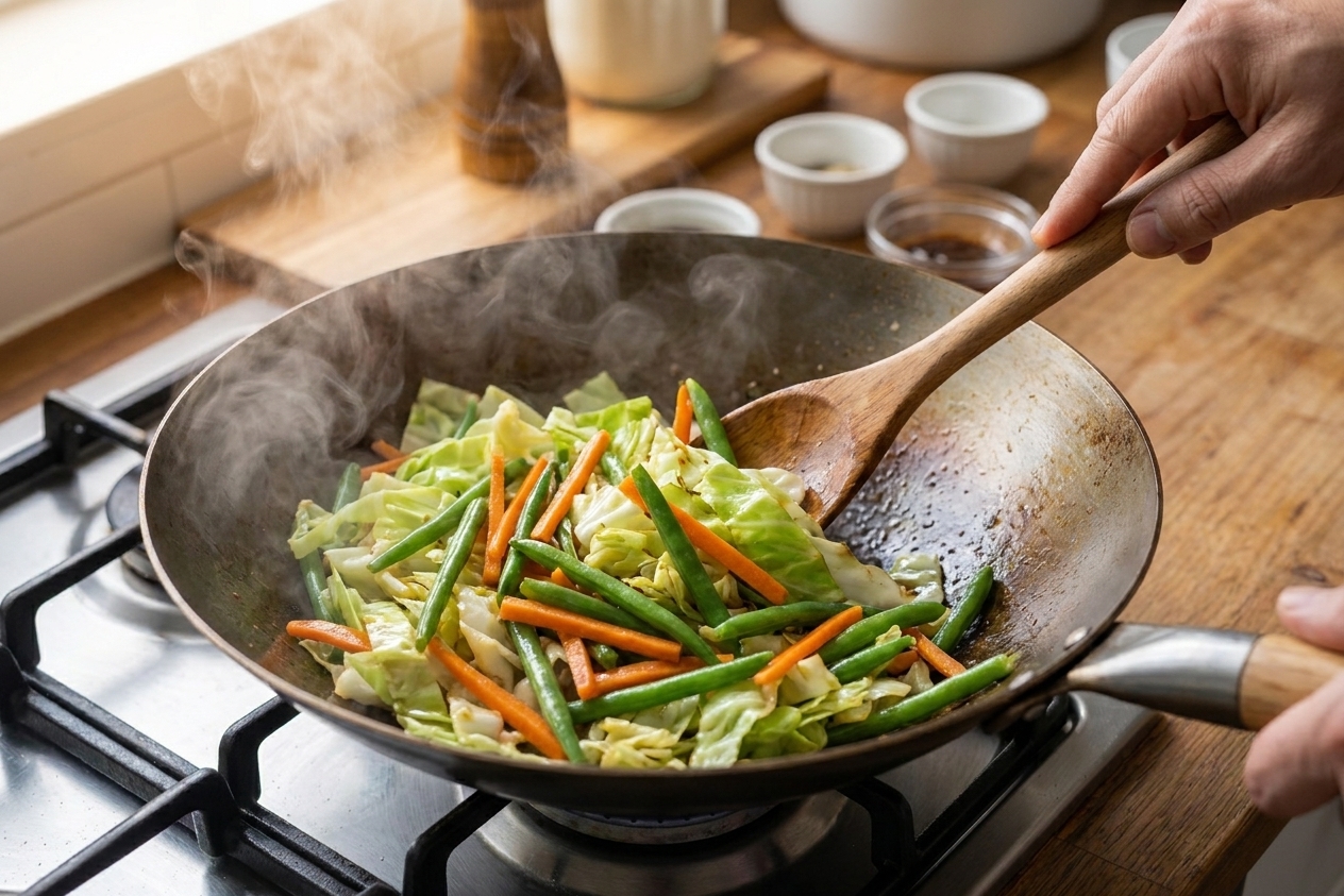Cabbage, carrots, and green beans being tossed in a wok with a wooden spoon, steam rising in a warm kitchen