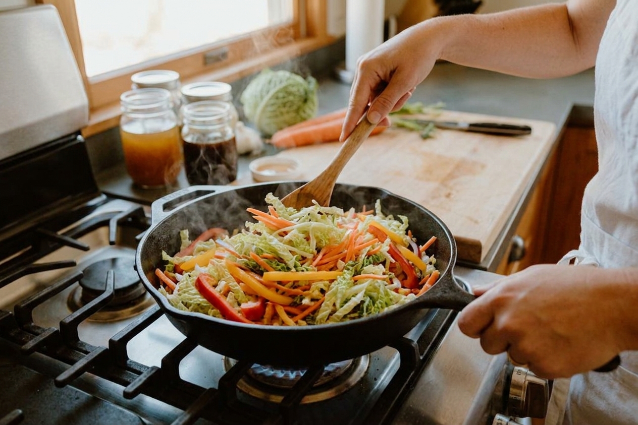 Cabbage, carrots, and peppers cooking in a large skillet with a wooden spoon tossing everything together on a stovetop
