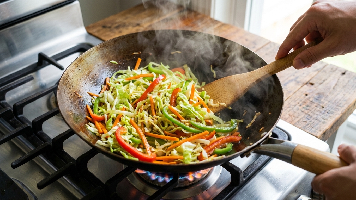Cabbage, carrots, and sliced peppers being stir-fried in a wok with a wooden spatula over a gas stove