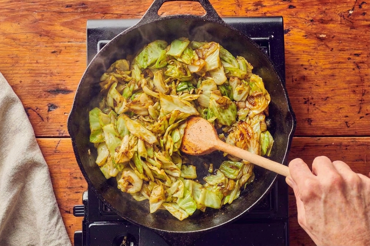 Cabbage cooking in a skillet with some pieces turning golden brown around the edges as a wooden spoon stirs