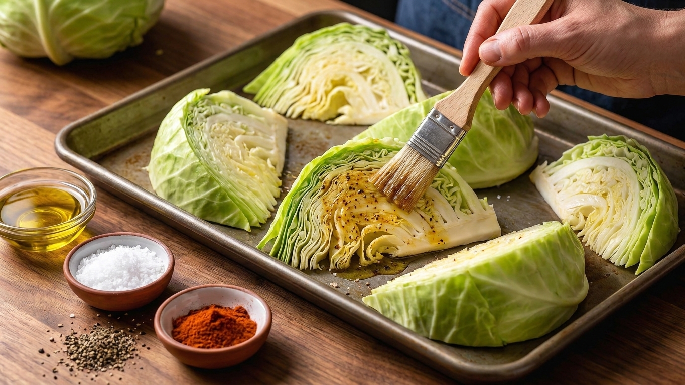 Cabbage cut into wedges on a sheet pan with olive oil, salt, pepper, and smoked paprika ready to be brushed on