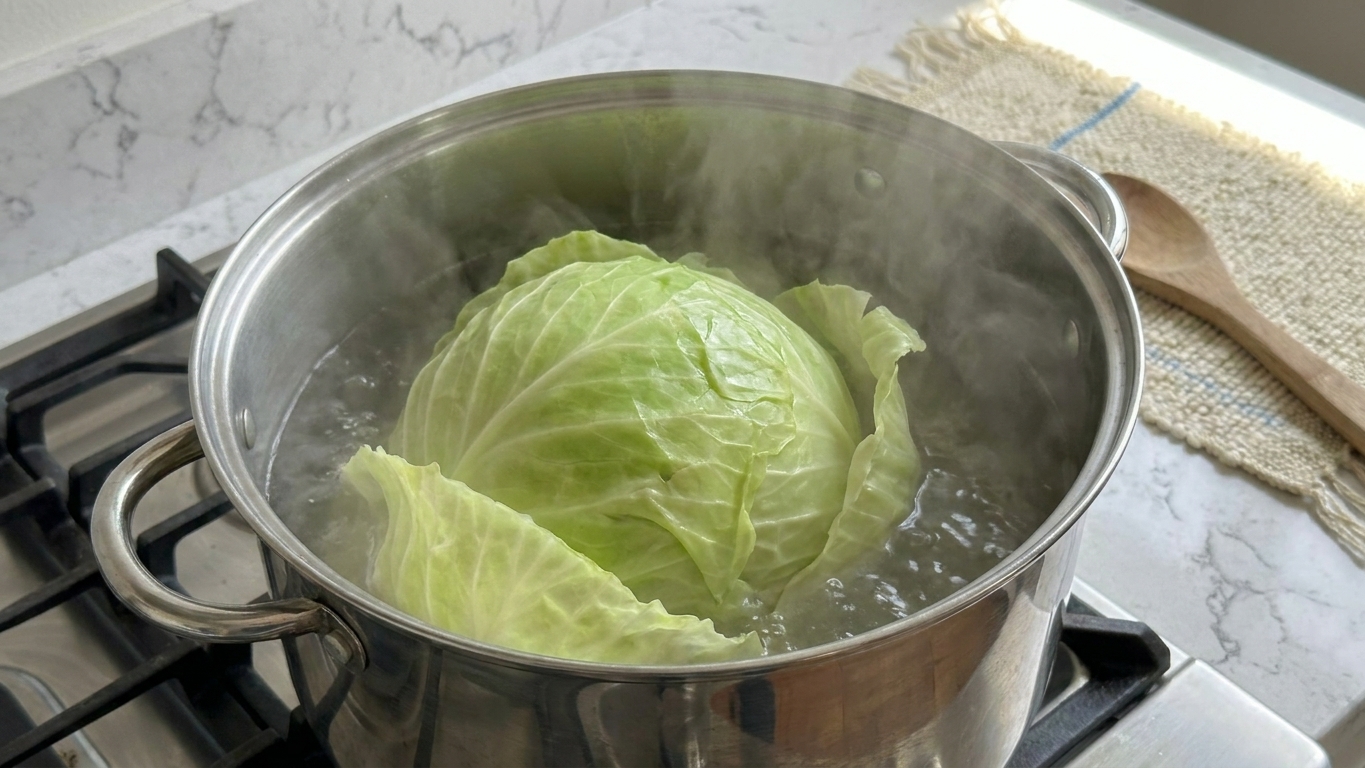 Cabbage head simmering in a large pot while outer leaves loosen, steam rising in a home kitchen