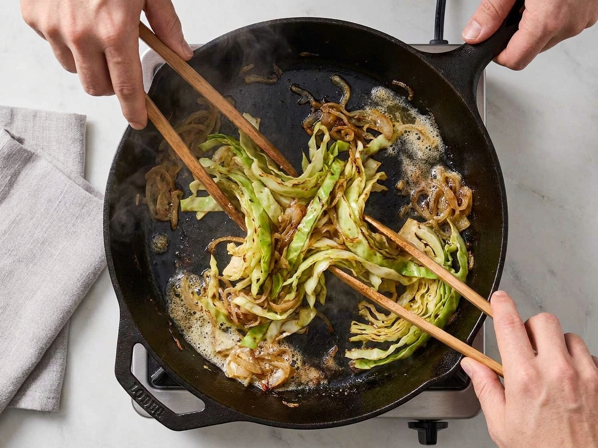 Cabbage ribbons being tossed in a hot skillet with butter and onions using wooden tongs on a stovetop