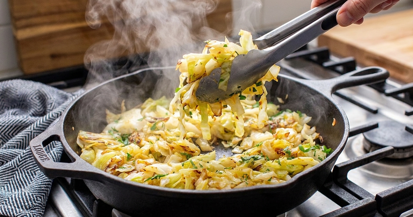 Cabbage ribbons sautéing in a large skillet on a stovetop with tongs mid-toss, steam rising in warm kitchen light