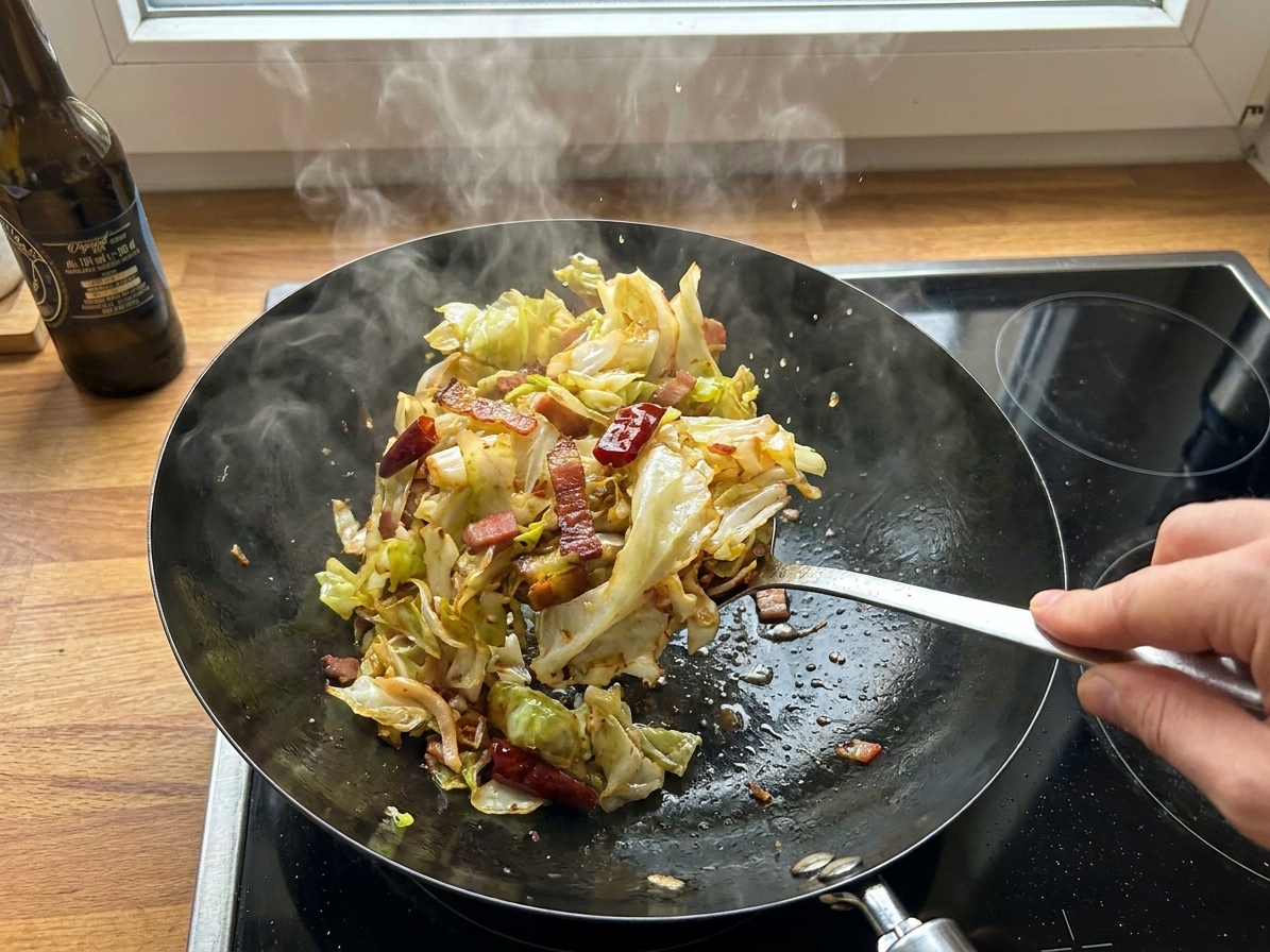 Cabbage ribbons sizzling in a hot skillet with lightly browned edges as a spatula tosses them over a stovetop