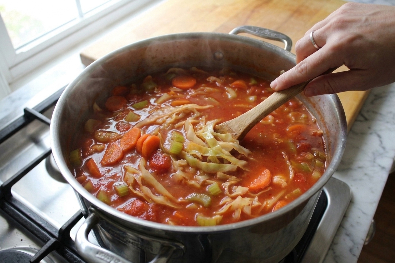 Cabbage soup being stirred in a large pot with a wooden spoon, showing tender cabbage ribbons and vegetables in a tomato-red broth