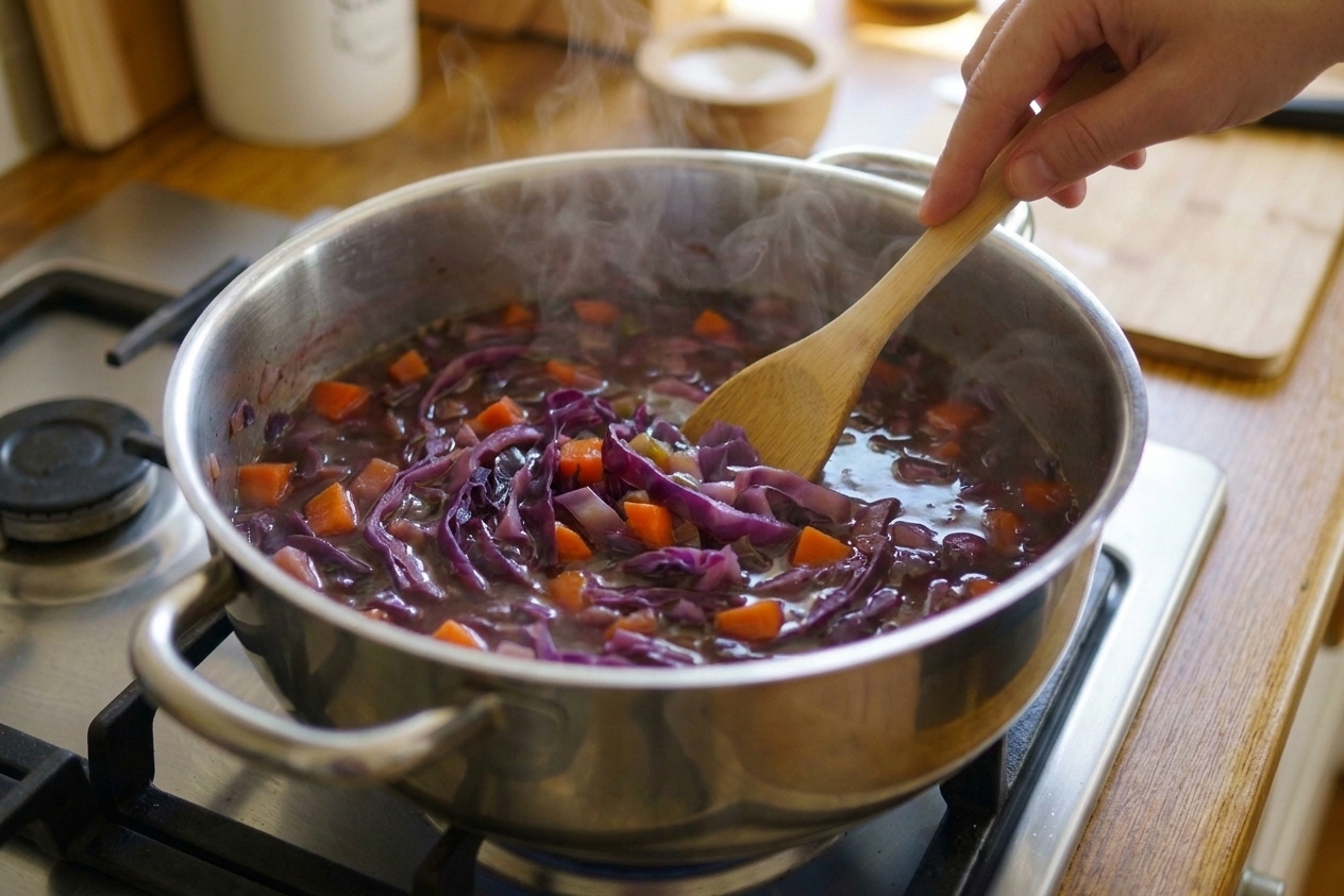 Cabbage soup gently simmering in a pot with visible cabbage ribbons and carrots, steam rising under warm kitchen lighting