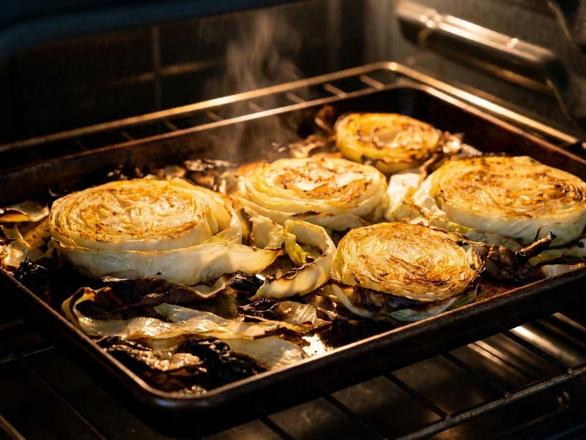 Cabbage steaks roasting on a metal sheet pan in an oven, edges beginning to brown and caramelize