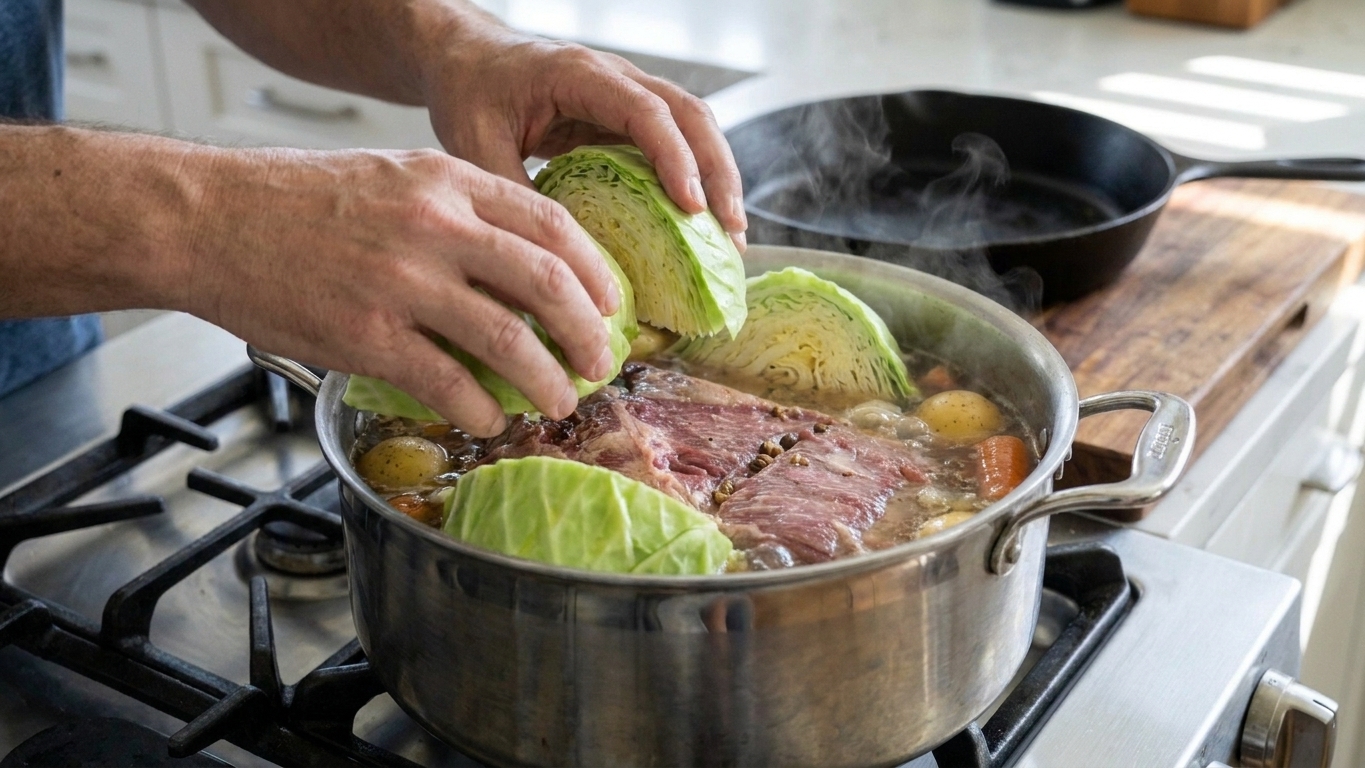 Cabbage wedges added to a simmering pot with corned beef and potatoes, partially submerged in broth