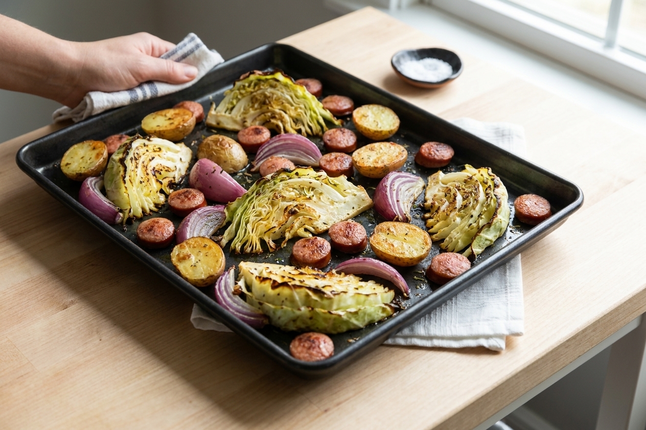 Cabbage wedges and red onion roasting on a sheet pan with browned potato halves, with kielbasa rounds added for the final roast