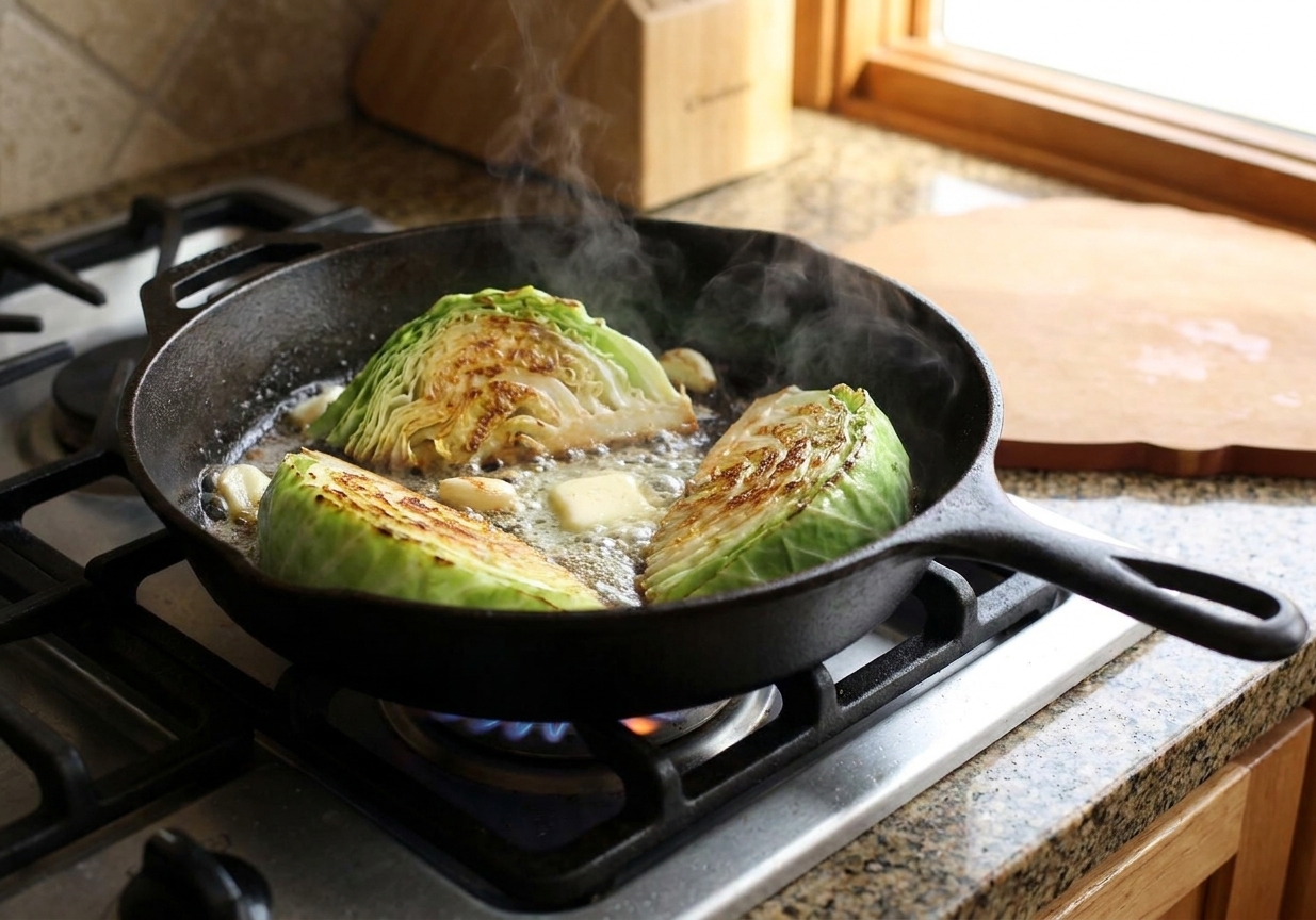 Cabbage wedges browning cut-side down in a skillet with sizzling butter and garlic on a stovetop