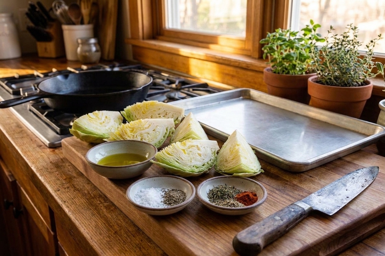 Cabbage wedges on a cutting board next to a rimmed sheet pan and a chef’s knife on a tidy kitchen counter