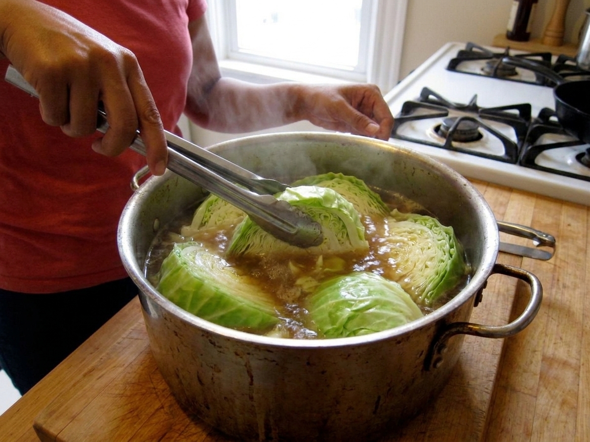 Cabbage wedges simmering in a large pot on the stove with a pair of tongs resting nearby