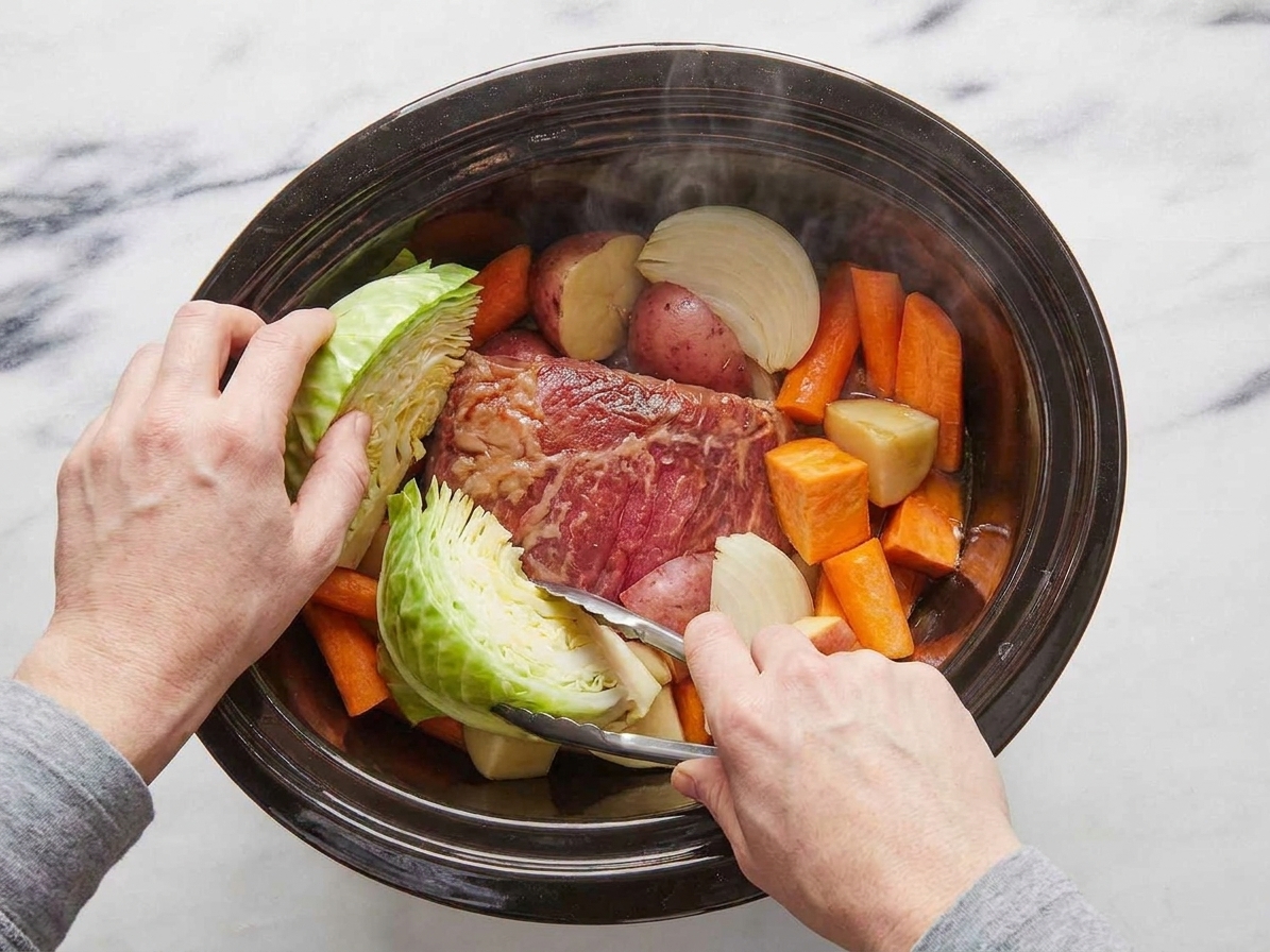 Cabbage wedges tucked into a slow cooker around corned beef and vegetables, with steam beginning to rise