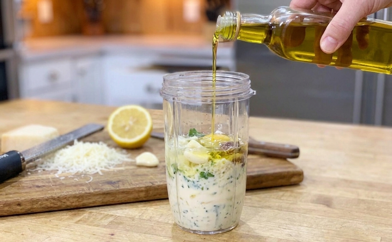 Caesar dressing being blended in a blender cup with a steady stream of oil being poured in on a kitchen counter