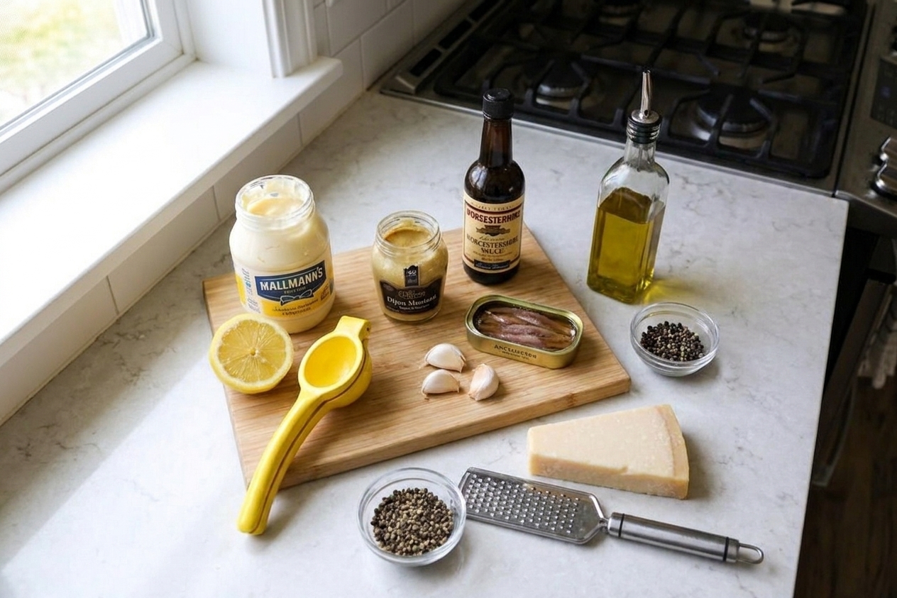 Caesar dressing ingredients arranged on a home kitchen counter including mayonnaise, lemon, Dijon mustard, Worcestershire sauce, anchovy fillets, garlic, black pepper, olive oil, and a wedge of Parmesan
