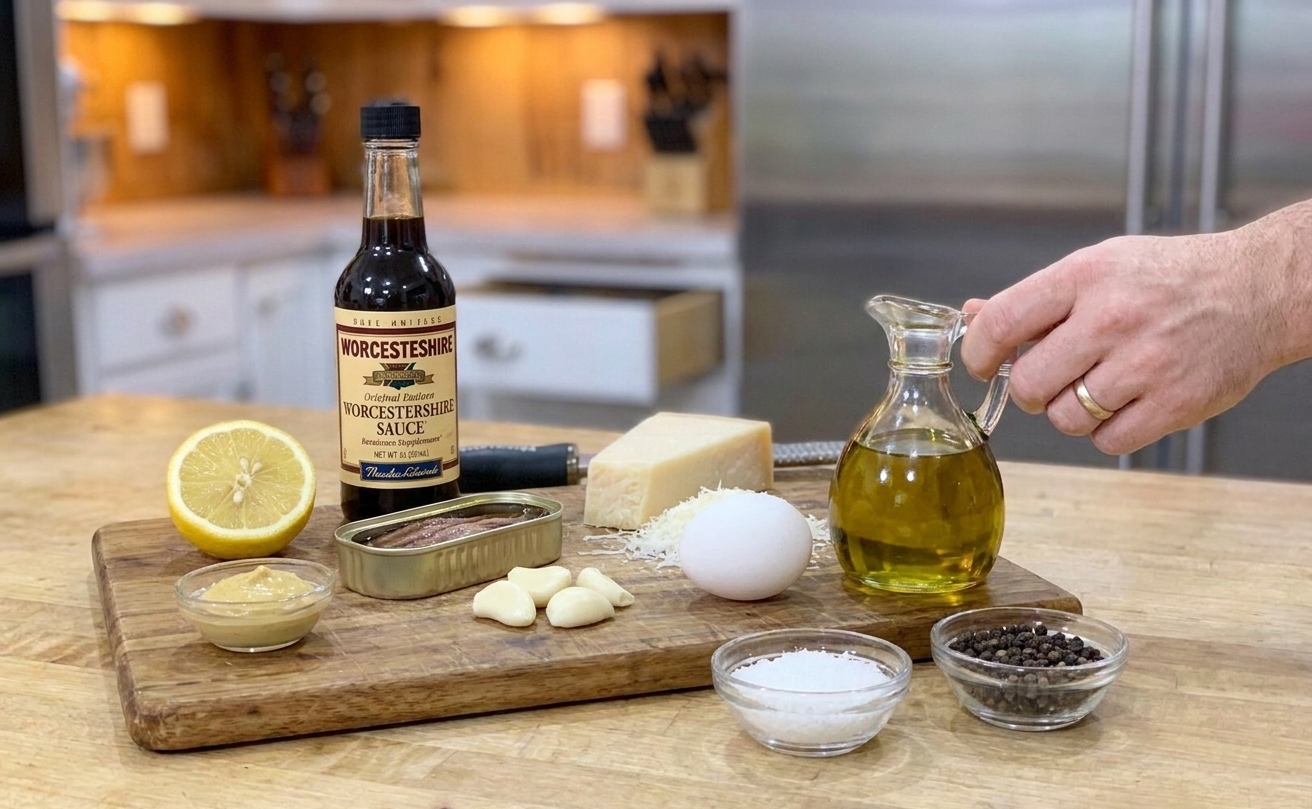 Caesar dressing ingredients arranged on a kitchen counter including lemon, Dijon mustard, Worcestershire sauce, anchovy fillets, garlic, egg, Parmesan, olive oil, salt, and pepper