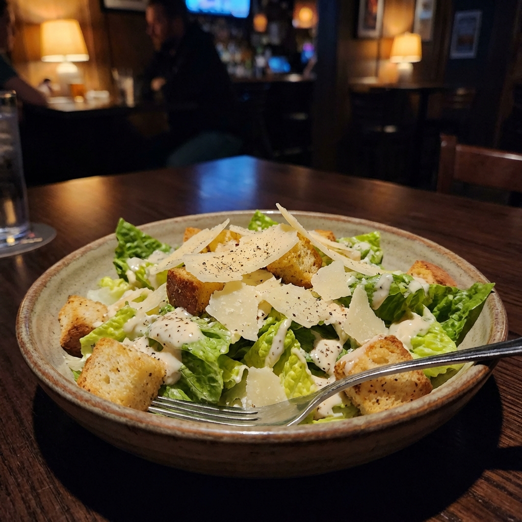 Caesar salad in a bowl with croutons and shaved Parmesan